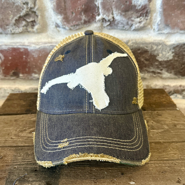 Longhorn Hat by BohoGroove with a distressed off-white longhorn patch on a navy blue vintage distressed snapback trucker hat.
