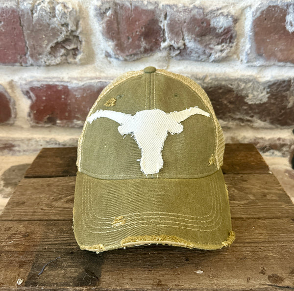 Longhorn Hat by BohoGroove with a distressed off-white longhorn patch on an olive vintage distressed snapback trucker hat straight view