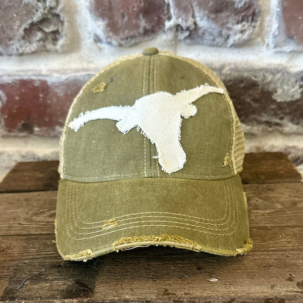 Longhorn Hat by BohoGroove with a distressed off-white longhorn patch on an olive vintage distressed snapback trucker hat.