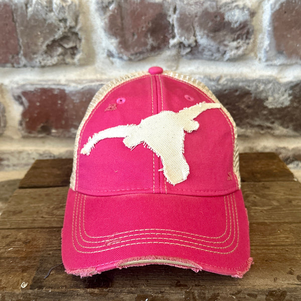 Longhorn Hat by BohoGroove with a distressed off-white longhorn patch on a pink vintage distressed snapback trucker hat.