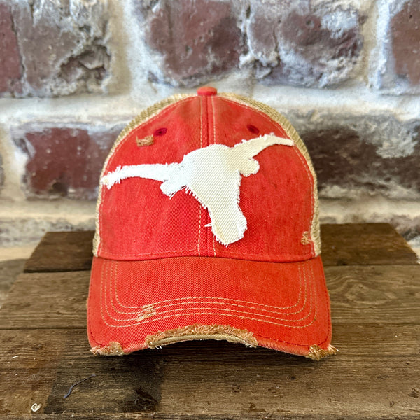 Longhorn Hat by BohoGroove with a distressed off-white longhorn patch on a red vintage distressed snapback trucker hat.