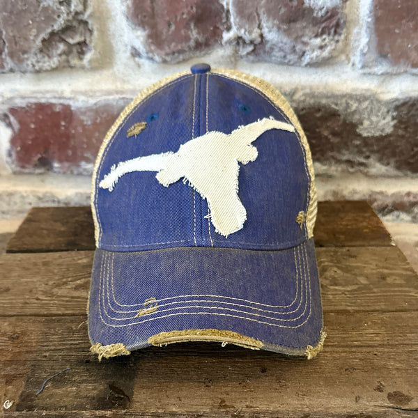 Longhorn Hat by BohoGroove with a distressed off-white longhorn patch on a royal blue vintage distressed snapback trucker hat.