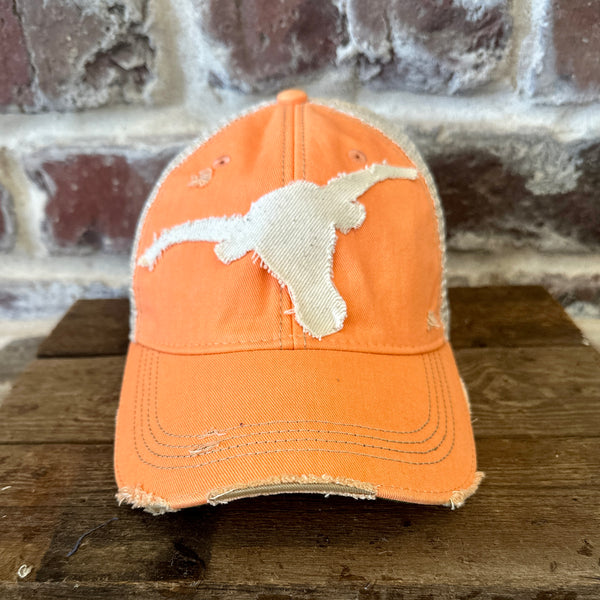Longhorn Hat by BohoGroove with a distressed off-white longhorn patch on a sherbet vintage distressed snapback trucker hat.