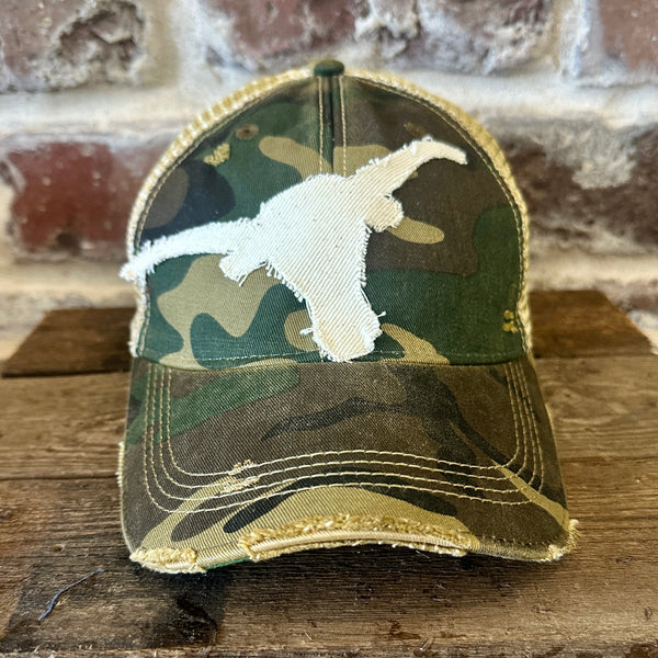Longhorn Hat by BohoGroove with a distressed off-white longhorn patch on a camo vintage distressed snapback trucker hat.