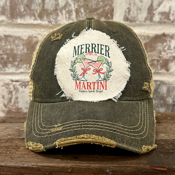 Merrier With a Martini hat by BohoGroove featuring a holiday martini design on a Black vintage distressed snapback trucker hat.