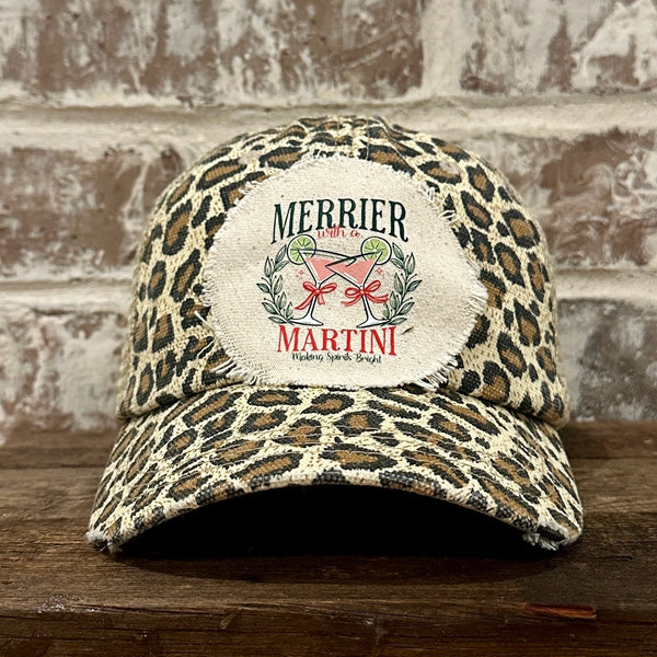 Merrier With a Martini hat by BohoGroove featuring a holiday martini design on a Leopard vintage distressed snapback trucker hat.