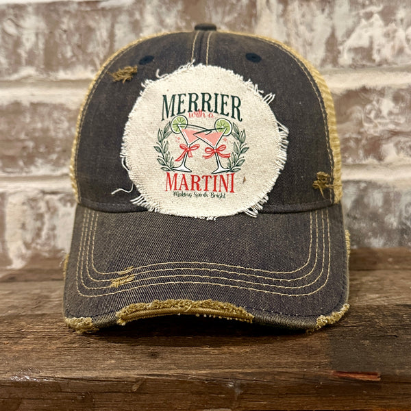 Merrier With a Martini hat by BohoGroove featuring a holiday martini design on a Navy vintage distressed snapback trucker hat.