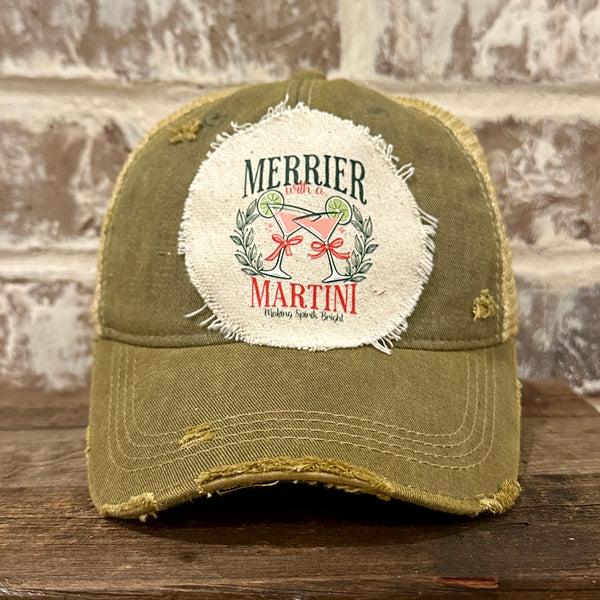Merrier With a Martini hat by BohoGroove featuring a holiday martini design on an Olive vintage distressed snapback trucker hat.