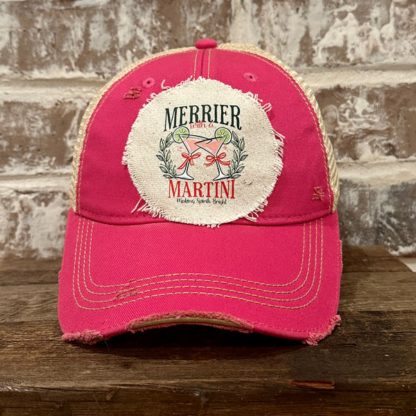 Merrier With a Martini hat by BohoGroove featuring a holiday martini design on a Pink vintage distressed snapback trucker hat.