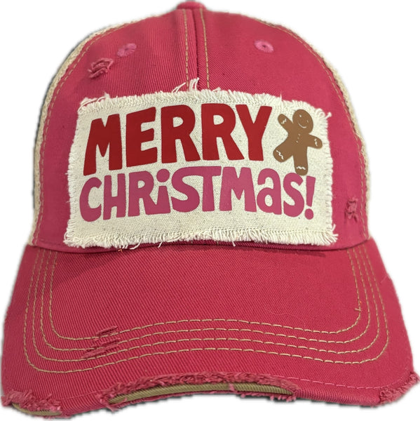 Merry Christmas Gingerbread hat by BohoGroove with red and pink Merry Christmas lettering and a gingerbread man graphic on a distressed off-white custom patch on a pink vintage distressed snapback.