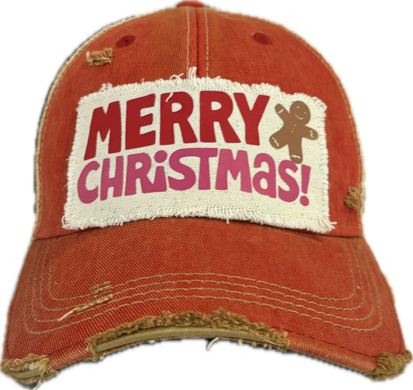 Merry Christmas Gingerbread hat by BohoGroove with red and pink Merry Christmas lettering and a gingerbread man graphic on a distressed off-white custom patch on a red vintage distressed snapback.