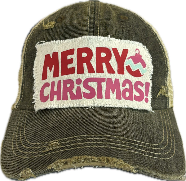 Merry Christmas Ornament hat by BohoGroove with red and pink Merry Christmas lettering and a pink ornament graphic on a distressed off-white custom patch on a black vintage distressed snapback.