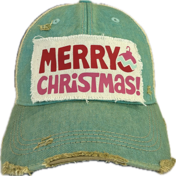 Merry Christmas Ornament hat by BohoGroove with red and pink Merry Christmas lettering and a pink ornament graphic on a distressed off-white custom patch on an ocean blue vintage distressed snapback.