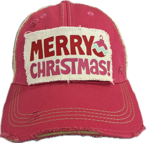 Merry Christmas Ornament hat by BohoGroove with red and pink Merry Christmas lettering and a pink ornament graphic on a distressed off-white custom patch on a pink vintage distressed snapback.