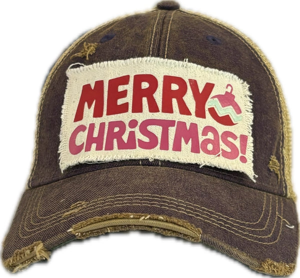 Merry Christmas Ornament hat by BohoGroove with red and pink Merry Christmas lettering and a pink ornament graphic on a distressed off-white custom patch on a purple vintage distressed snapback.