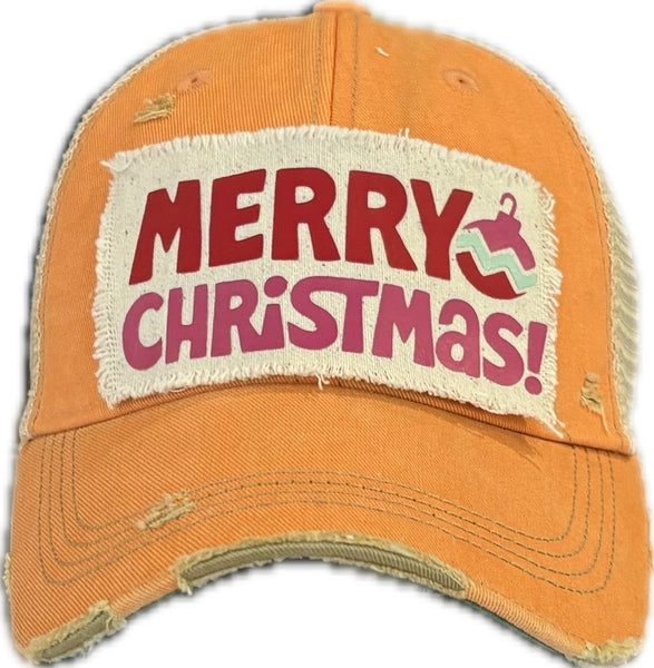 Merry Christmas Ornament hat by BohoGroove with red and pink Merry Christmas lettering and a pink ornament graphic on a distressed off-white custom patch on a sherbet vintage distressed snapback.