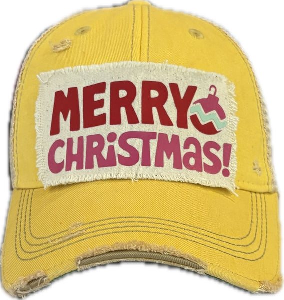 Merry Christmas Ornament hat by BohoGroove with red and pink Merry Christmas lettering and a pink ornament graphic on a distressed off-white custom patch on a yellow vintage distressed snapback.