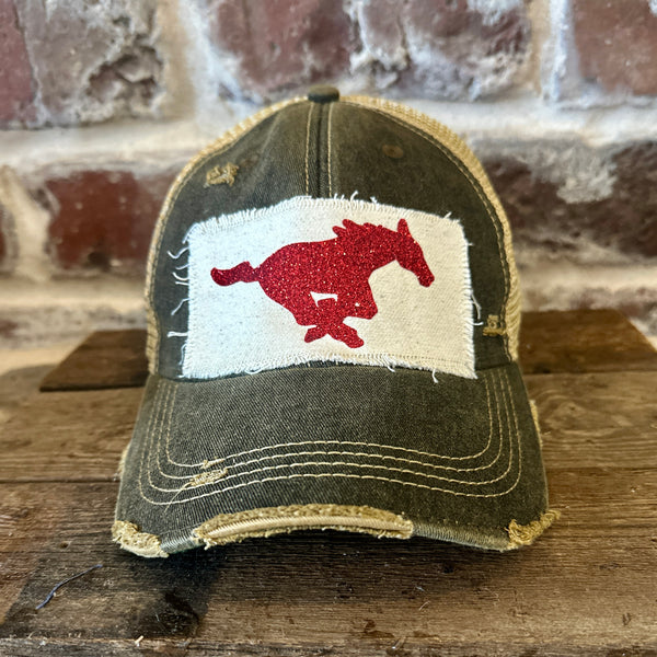 Mustang Pony Glitter Hat by BohoGroove with a red glitter running pony on a distressed off-white patch on a black vintage distressed snapback trucker hat.