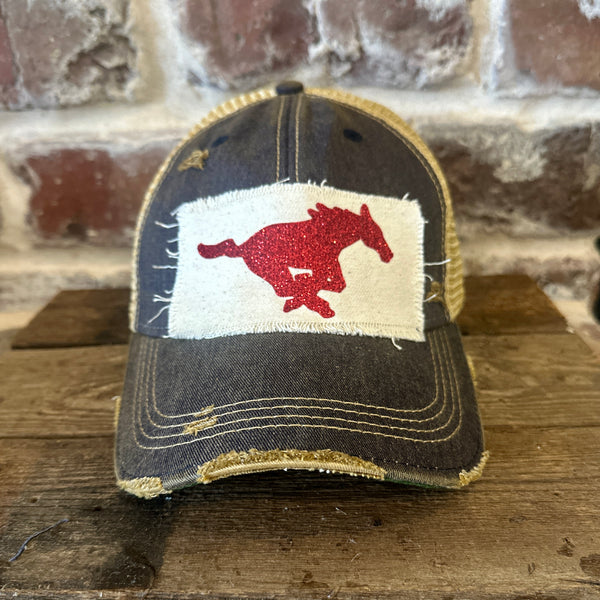 Mustang Pony Glitter Hat by BohoGroove with a red glitter running pony on a distressed off-white patch on a navy blue vintage distressed snapback trucker hat.