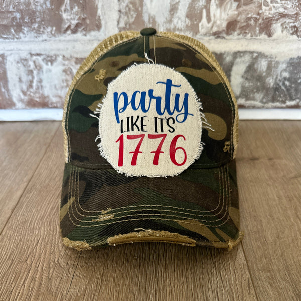 Party Like It’s 1776 hat by BohoGroove patriotic 4th of July patch on camo vintage distressed snapback