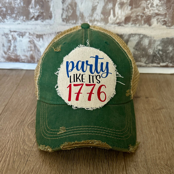 Party Like It’s 1776 hat by BohoGroove patriotic 4th of July patch on green vintage distressed snapback