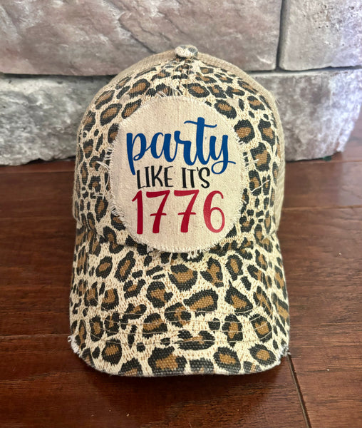 Party Like It’s 1776 hat by BohoGroove patriotic 4th of July patch on leopard vintage distressed snapback