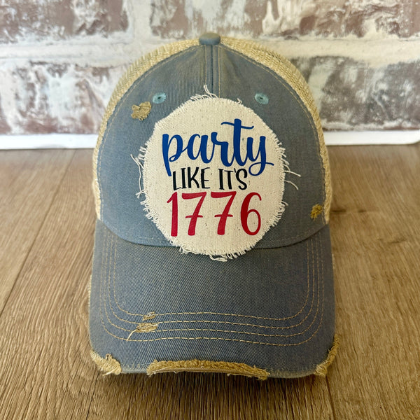 Party Like It’s 1776 hat by BohoGroove patriotic 4th of July patch on light blue vintage distressed snapback