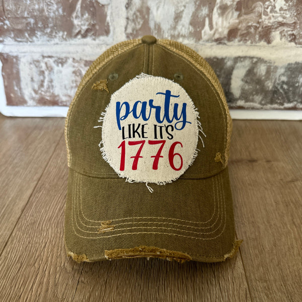 Party Like It’s 1776 hat by BohoGroove patriotic 4th of July patch on olive vintage distressed snapback