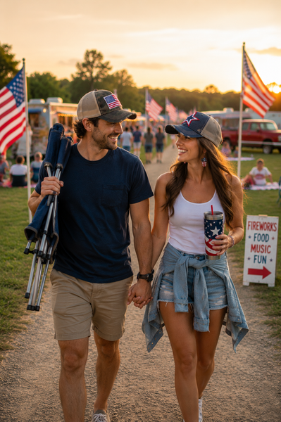 Blue distressed snapback hat featuring a patriotic red white and blue star patch worn by model walking with boyfriend.