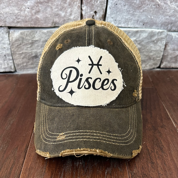 Pisces hat by BohoGroove with black Pisces lettering and constellation graphic on a distressed off-white custom patch on a black vintage distressed snapback.