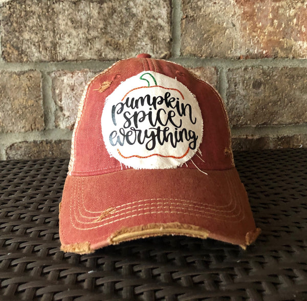 Pumpkin Spice Everything hat by BohoGroove with black Pumpkin Spice Everything lettering and pumpkin graphic on a distressed off-white patch on a brick red vintage distressed snapback.