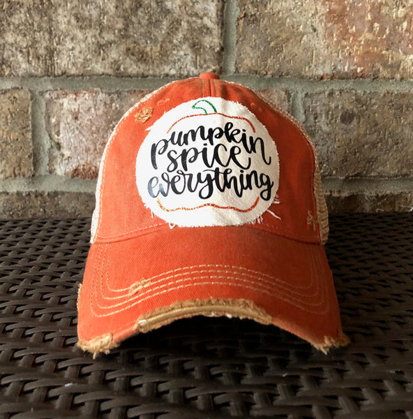 Pumpkin Spice Everything hat by BohoGroove with black Pumpkin Spice Everything lettering and pumpkin graphic on a distressed off-white patch on an orange vintage distressed snapback.