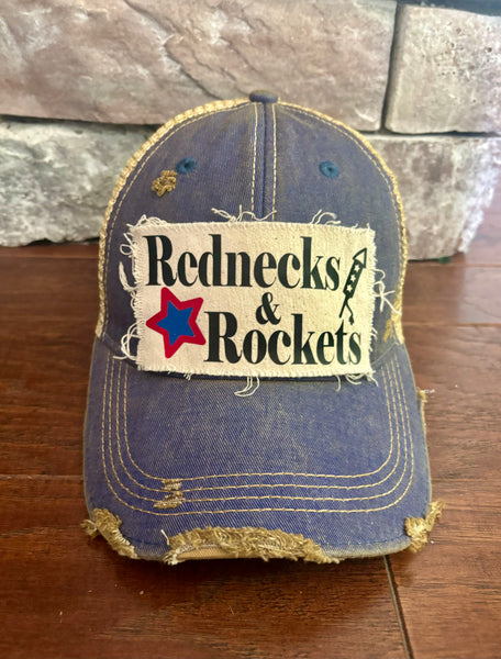 Rednecks and Rockets hat by BohoGroove patriotic 4th of July patch on royal blue vintage distressed snapback