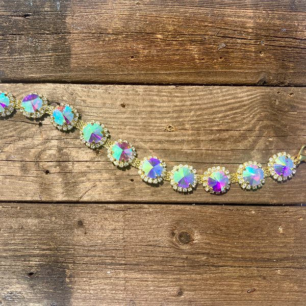 Rhinestone hat chain by BohoGroove, Disco Daze, featuring large iridescent rhinestones with clear rhinestone accents on a gold tone chain with lobster clips.