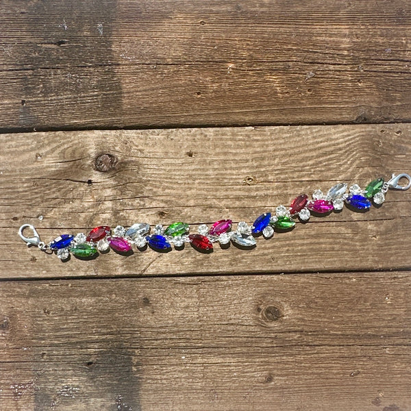 Rhinestone hat chain by BohoGroove, Over the Rainbow, featuring multicolored marquise shaped rhinestones with clear rhinestone accents on a silver tone chain with loster clasp.
