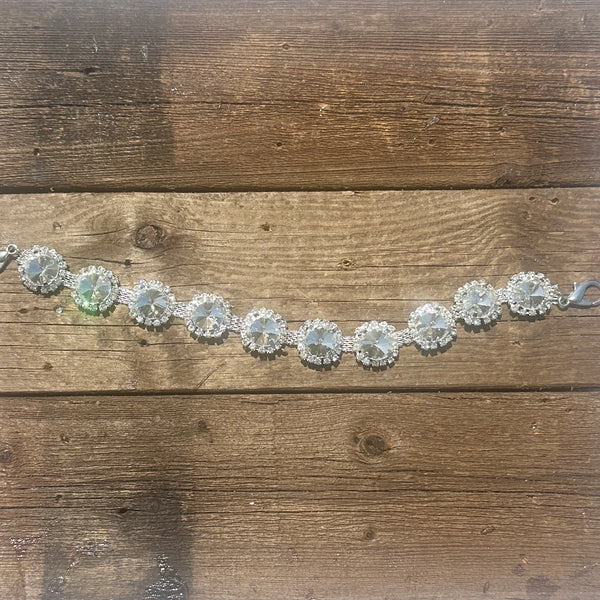 Rhinestone hat chain by BohoGroove, Shine Bright, featuring large clear round rhinestones with clear rhinestone accents on a silver tone chain.