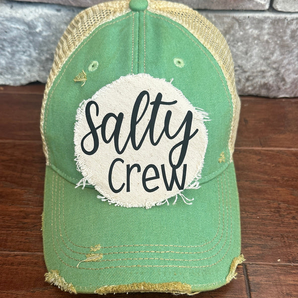 Salty Crew hat by BohoGroove with black Salty Crew lettering on distressed off-white patch on a mint green vintage distressed snapback.