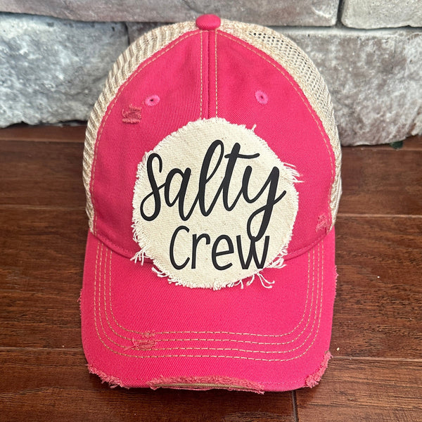 Salty Crew hat by BohoGroove with black Salty Crew lettering on distressed off-white patch on a pink vintage distressed snapback.