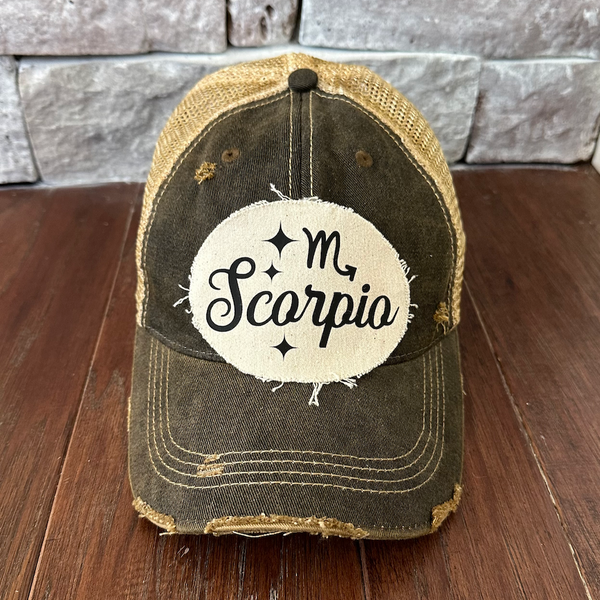 Scorpio hat by BohoGroove with black Scorpio lettering and constellation graphic on a distressed off-white custom patch on a black vintage distressed snapback.