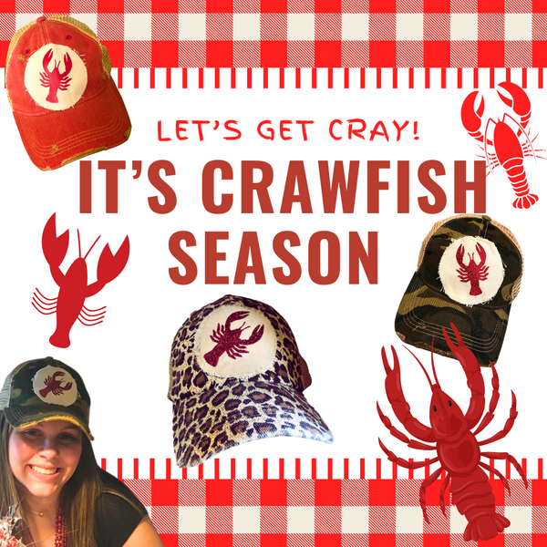 BohoGroove Sparkly Crawfish hat collection featuring red, camo and leopard vintage distressed snapback hats with red glitter crawfish patches in a crawfish season collage with red gingham accents and Cajun-inspired graphics.