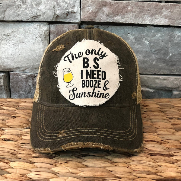 The Only BS I Need Booze And Sunshine hat by BohoGroove with black lettering and yellow beer glass graphic on distressed off-white patch on black vintage distressed snapback.