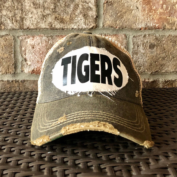 Tigers hat by BohoGroove featuring a cream Tigers  patch with black writing on a black vintage distressed snapback trucker hat.