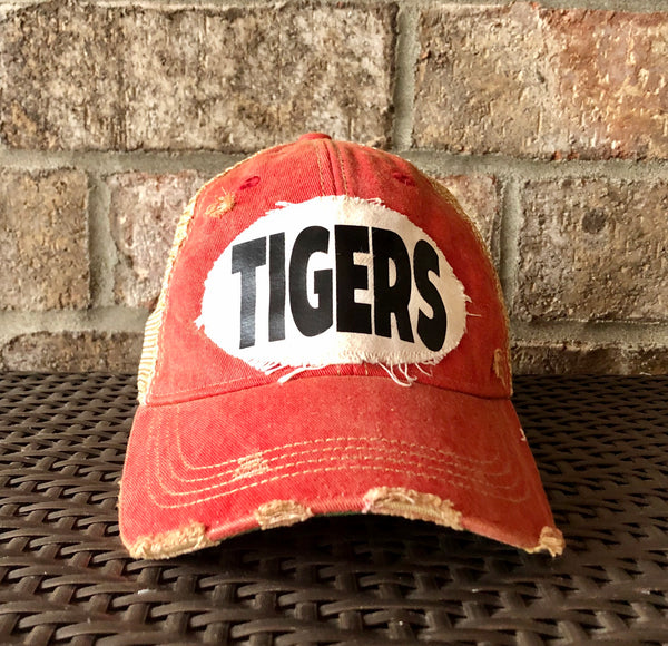 Tigers hat by BohoGroove featuring a cream Tigers patch with black writing on a  red vintage distressed snapback trucker hat.