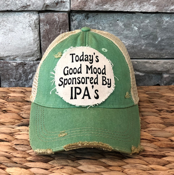 Today's Good Mood Sponsored by IPAs hat by BohoGroove with black lettering on a distressed off-white custom patch on a mint vintage distressed snapback.