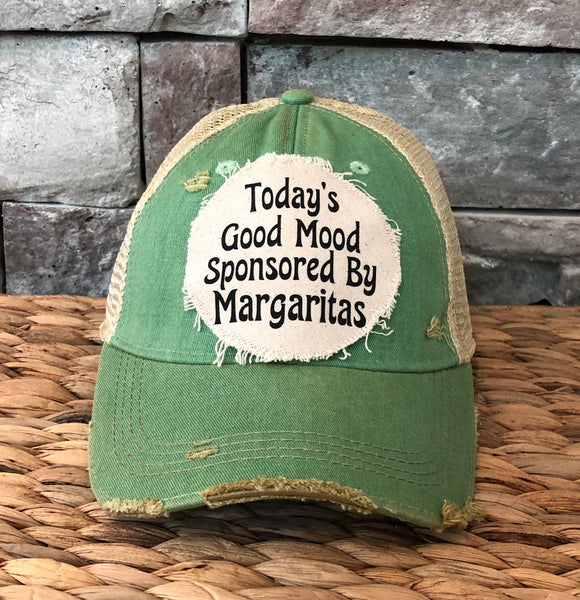 Today's Good Mood Sponsored by Margaritas hat by BohoGroove with black lettering on a distressed off-white custom patch on a mint vintage distressed snapback.