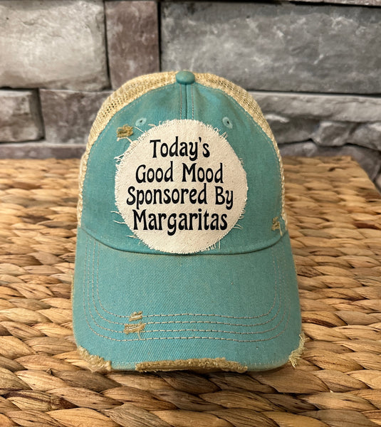Today's Good Mood Sponsored by Margaritas hat by BohoGroove with black lettering on a distressed off-white custom patch on an ocean blue vintage distressed snapback.