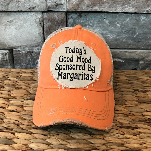 Today's Good Mood Sponsored by Margaritas hat by BohoGroove with black lettering on a distressed off-white custom patch on a sherbet vintage distressed snapback.