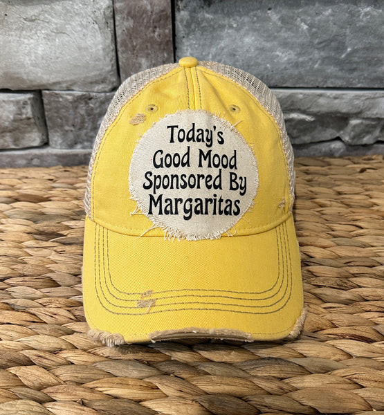 Today's Good Mood Sponsored by Margaritas hat by BohoGroove with black lettering on a distressed off-white custom patch on a yellow vintage distressed snapback.