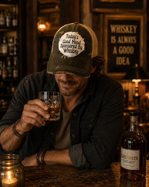 Man wearing the BohoGroove Today’s Good Mood Sponsored By Whiskey hat with black lettering on a distressed off-white patch on a black vintage distressed snapback while enjoying a glass of whiskey in a cozy whiskey bar looking down.