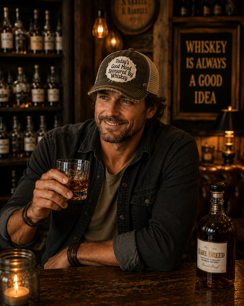 Man wearing the BohoGroove Today’s Good Mood Sponsored By Whiskey hat with black lettering on a distressed off-white patch on a black vintage distressed snapback while enjoying a glass of whiskey in a cozy whiskey bar.